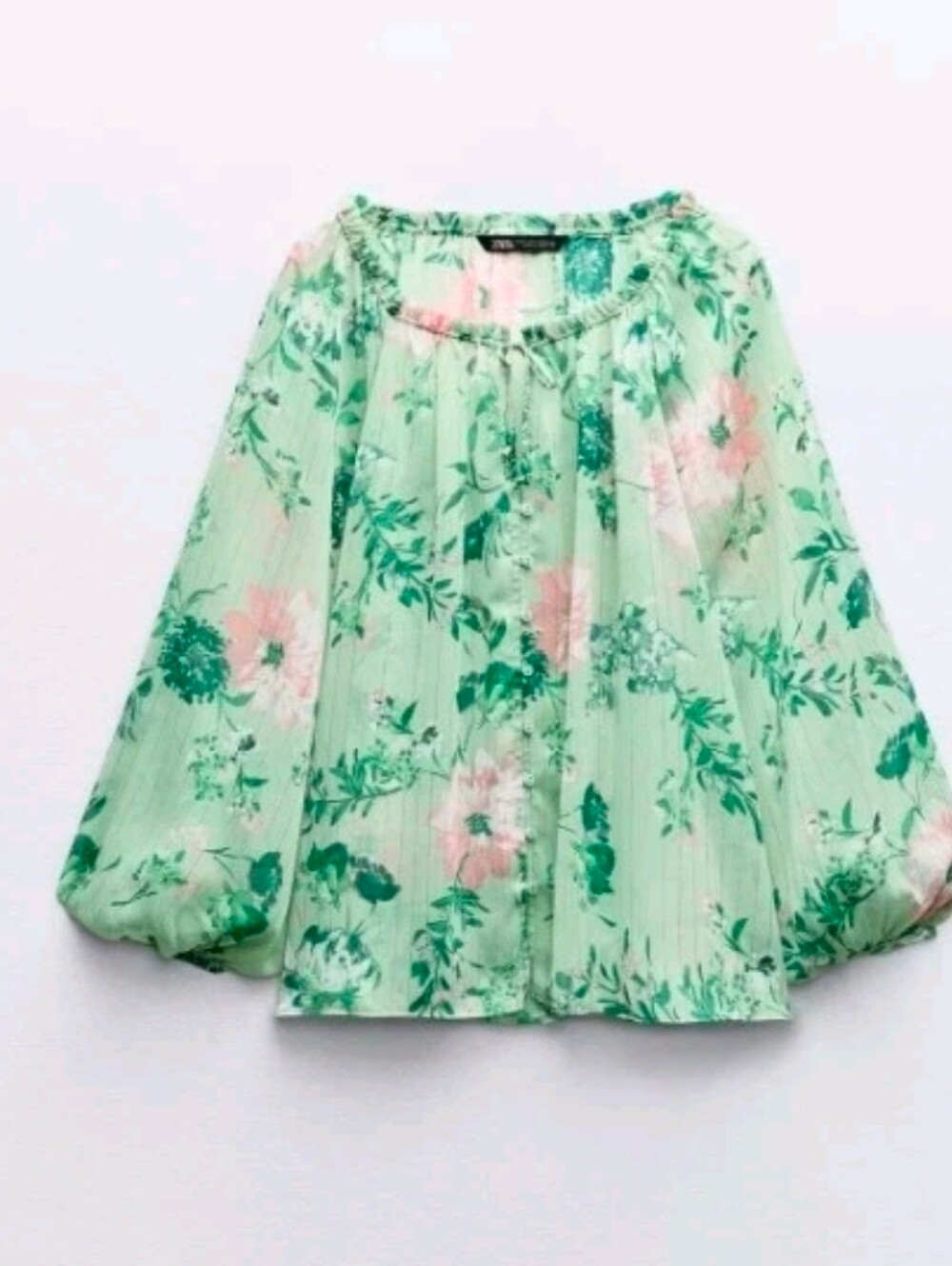 Sz XS S New Zara METALLIC THREAD FLORAL PRINT BLOUSE Multicolored Green 3197/741